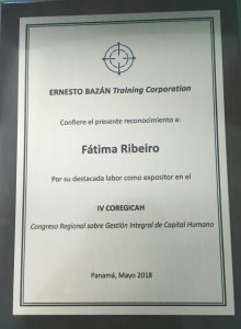 Certificado de reconocimiento otorgado a Fátima Ribeiro en COREGICAH